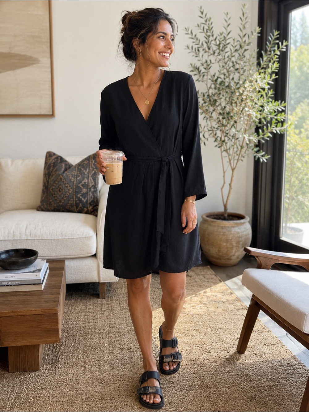 Vintage Tess Dress Black Faux Wrap Tie Waist Long Sleeve Dress Size 6